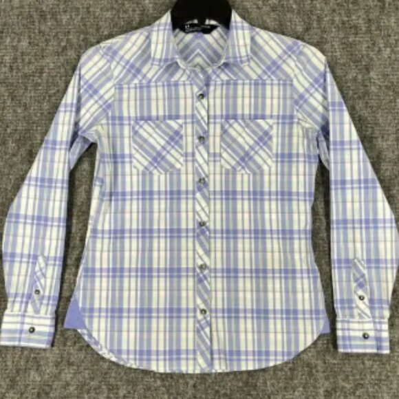 UNDER‎ ARMOUR SHIRT WOMENS S BLUE PLAID BLOUSE LOOSE FIT COLLAR BUSINESS CASUAL - Picture 1 of 4